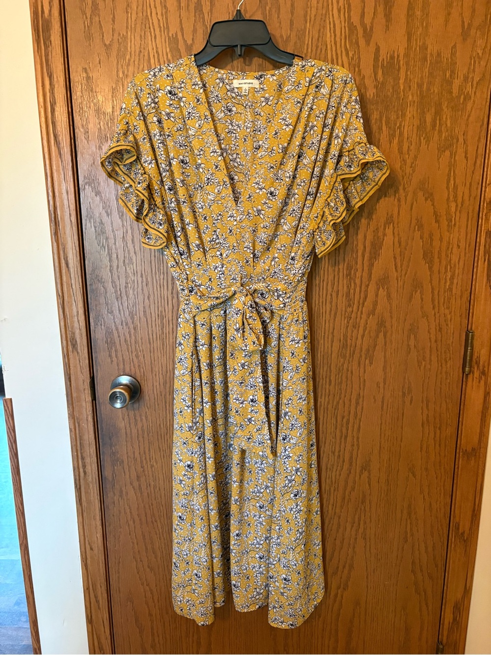 Max Studio Mustard Floral Tie-Waist Midi Dress